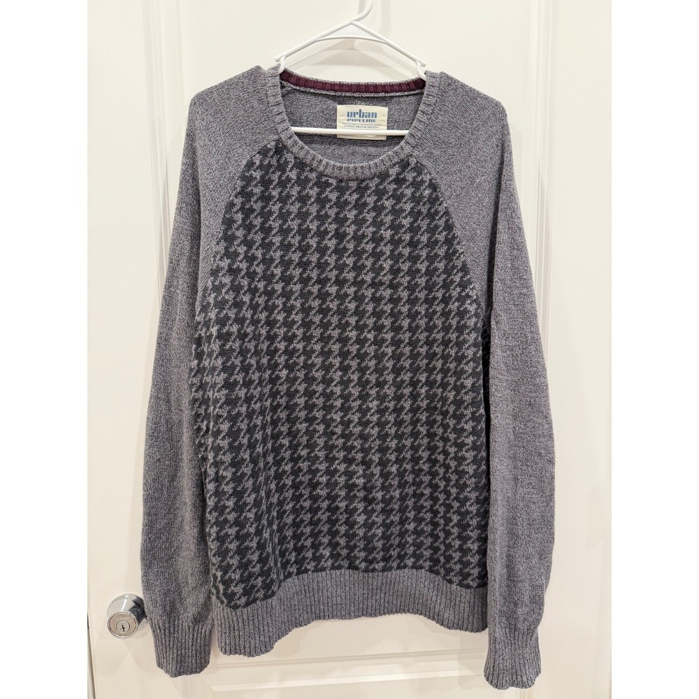 Urban Pipeline Mens XXL Crewneck Sweater Gray Houndstooth Raglan Pullover